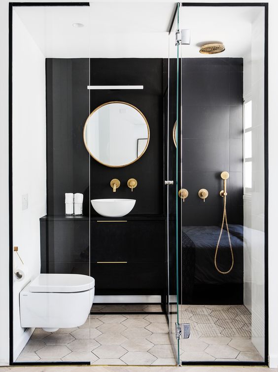 classic and modern black white and marble master bathroom, gold fixtures, high contrast