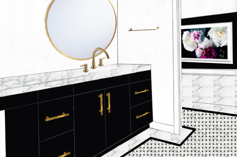 Master Bath Mockup - black counters, basketweave inlay, border tile, brass accents