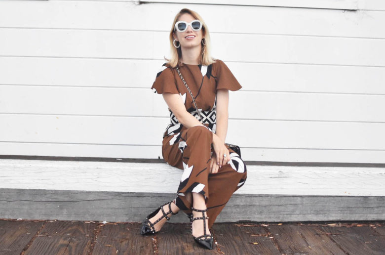 Brown black white eva franco jumpsuit , NYFW