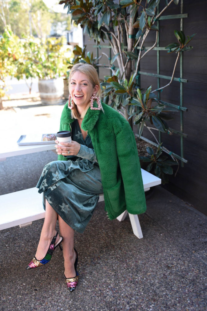 5 personal goals for the holidays, sequin shoes, green velvet and green faux fur jacket topshop 