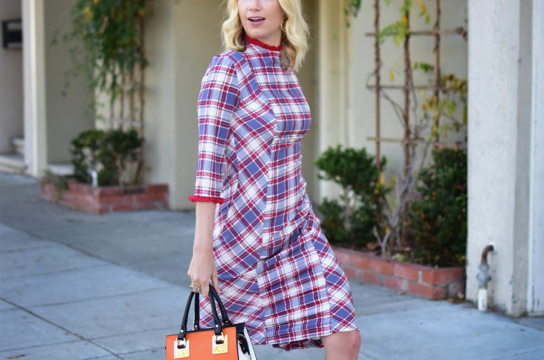 red and blue plaid pencil dress