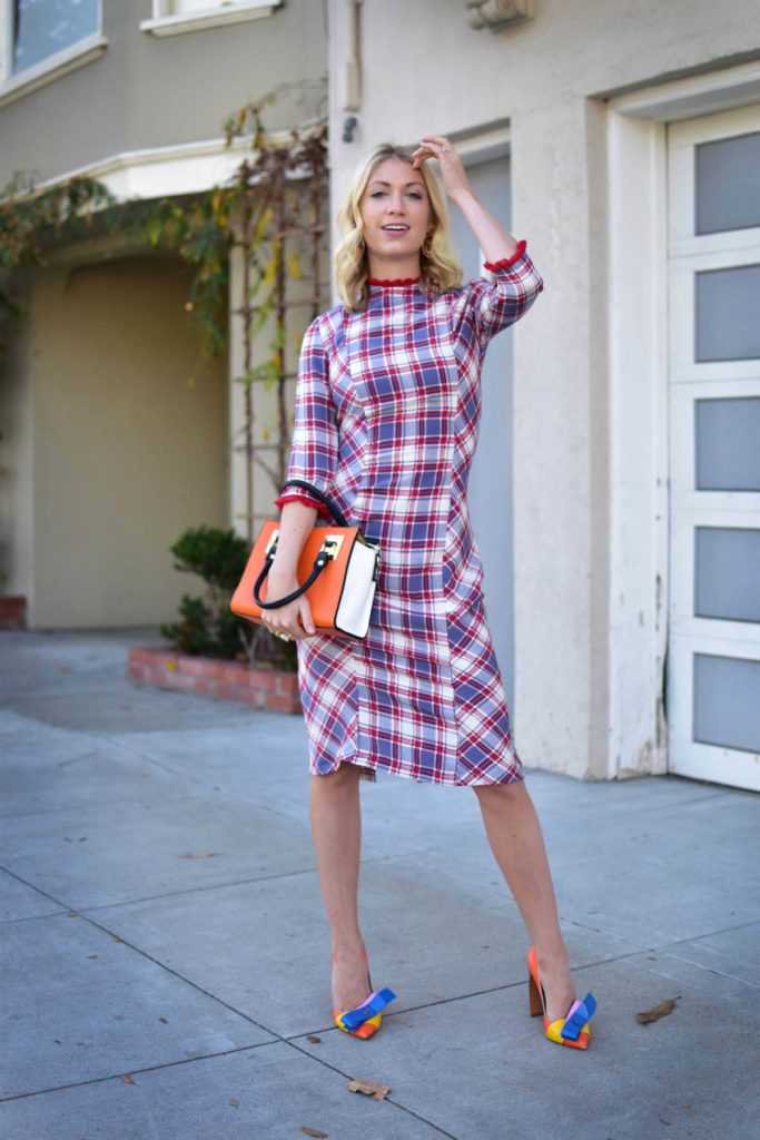 red and blue plaid pencil dress