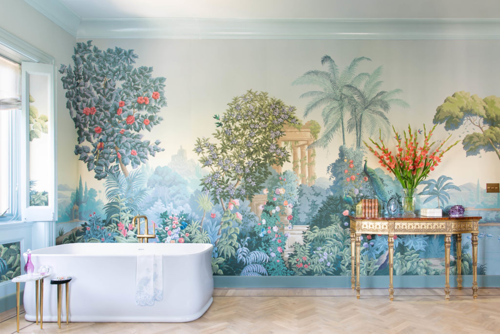 San Francisco Decorator Showcase 2019, ABH Interiors, Master Bathroom Spa, de Gournay Paradise Lost wallpaper