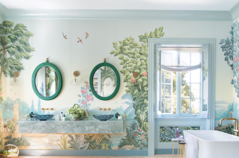 San Francisco Decorator Showcase 2019, ABH Interiors, Master Bathroom Spa, de Gournay Paradise Lost wallpaper