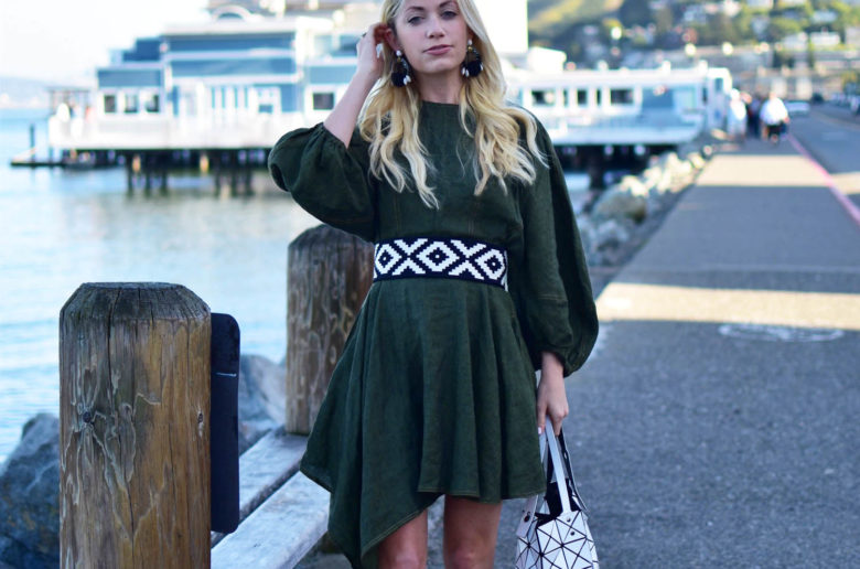 olive green linen dress with black and white accessories