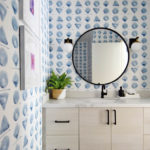blue geometric wallpaper powder room with spoonflower