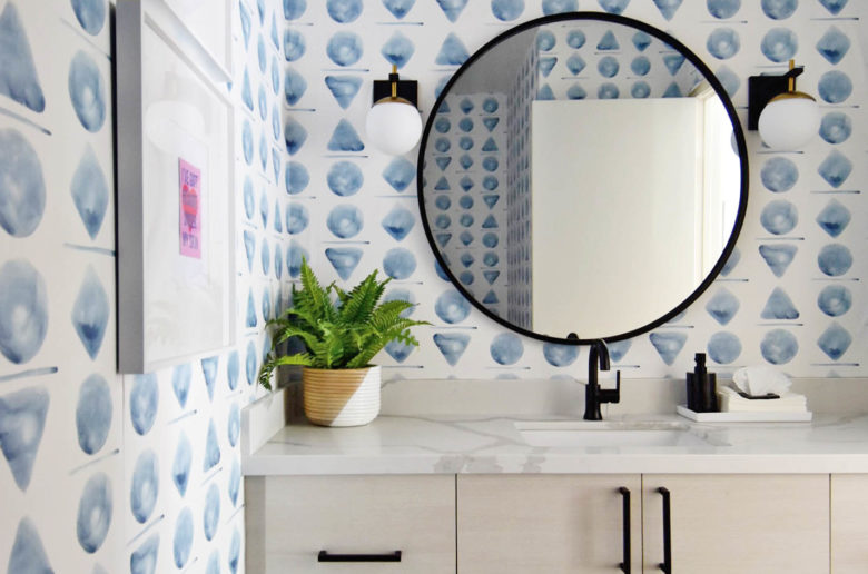 blue geometric wallpaper powder room with spoonflower