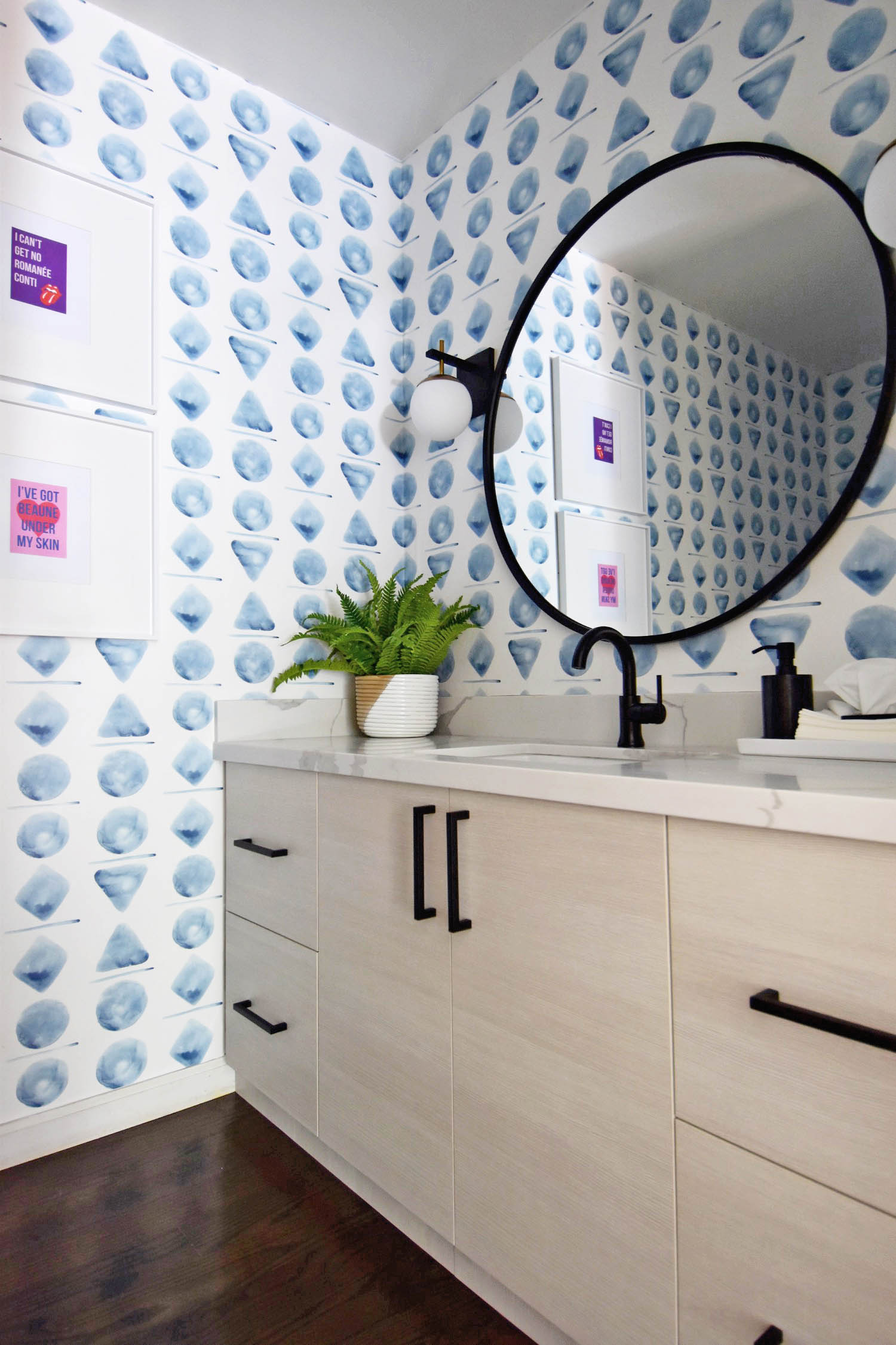 blue wallpaper powder room with spoonflower