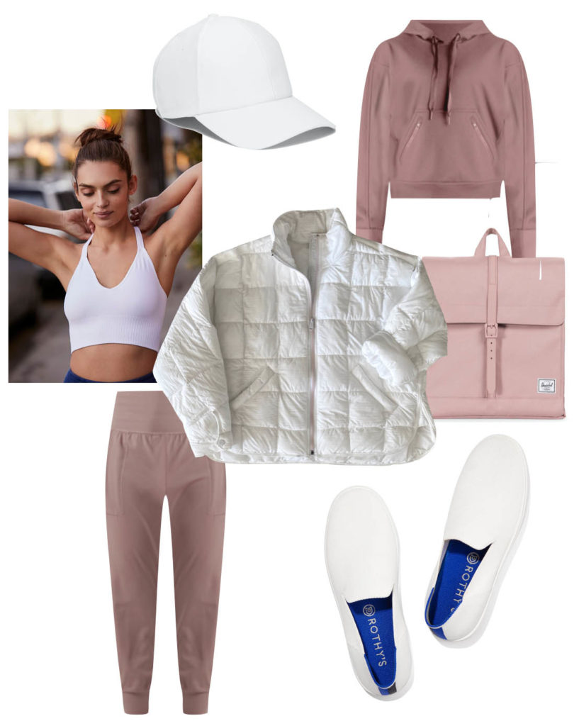 3 Ways to Style A White Puffer - Pippa Packable Puffer, Athleta salutation jogger, Athleta recover hoodie, Rothy's white sneaker, free people good karma crop