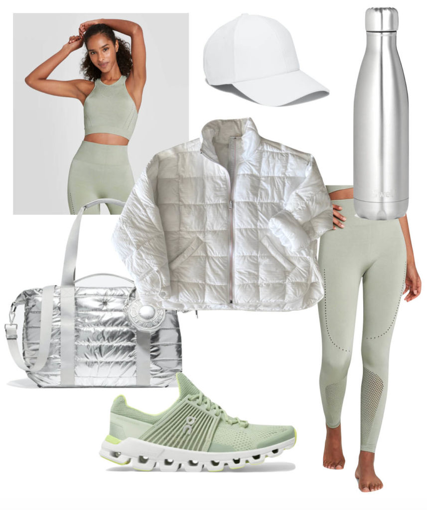 3 Ways to Style A White Puffer - Pippa Packable Puffer, Target seemless mesh bra and leggings, cole haan silver quilted puffer bag