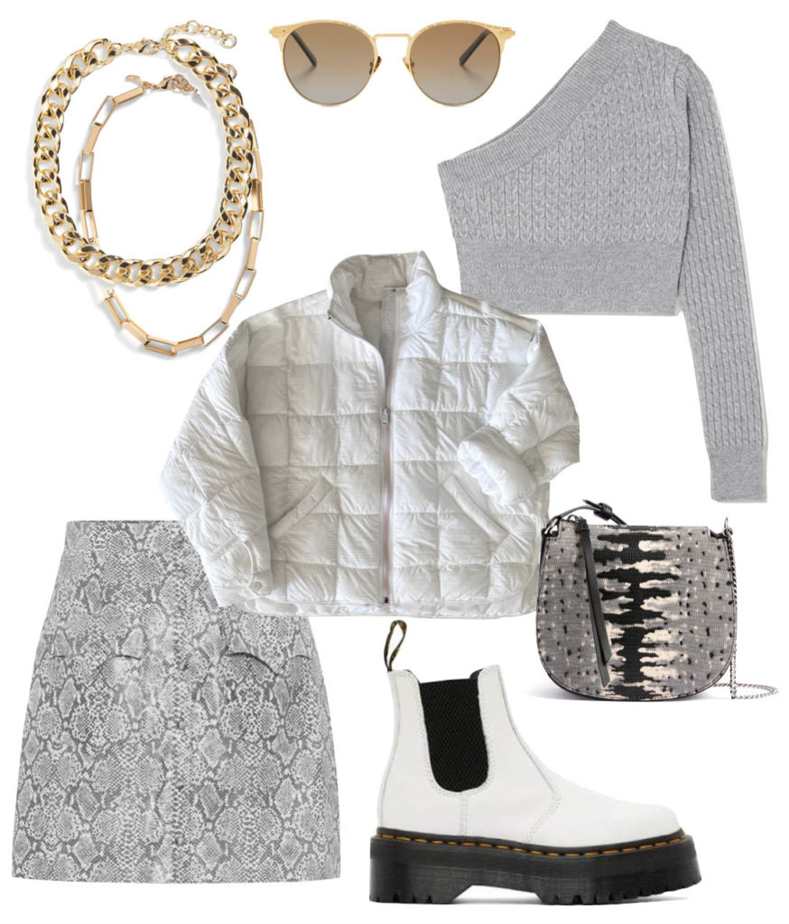 3 Ways to Style A White Puffer - Pippa Packable Puffer, one shoulder grey sweater, white dr. Marten chelsea boots, chunky gold chain necklace, grey snakeskin skirt