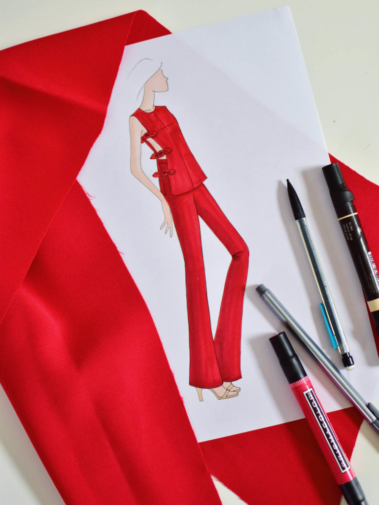 Designed by Stefanie: Red Bow Tunic and Flared Pant Set Drawing