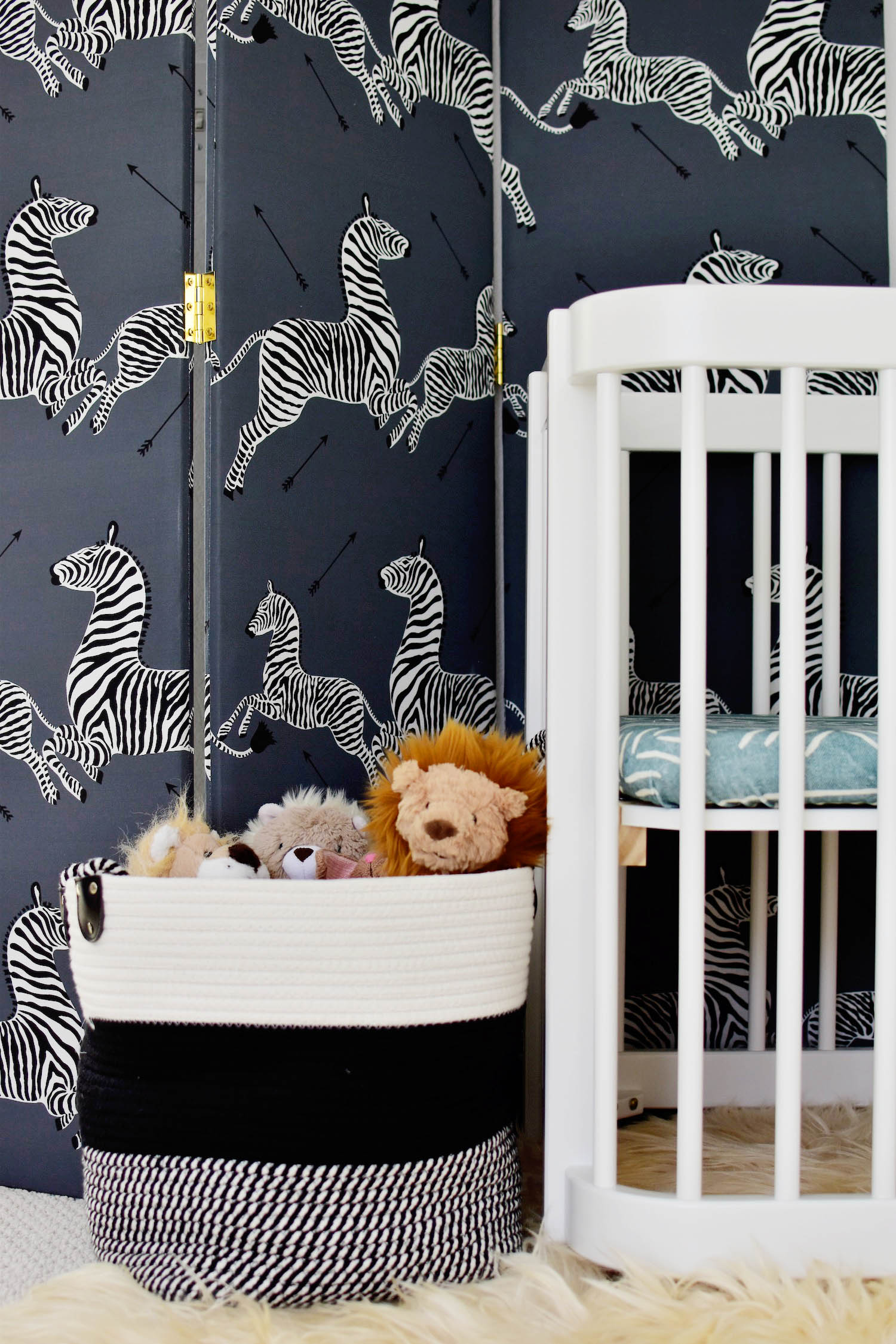 Liam's master bedroom nursery nook, covertible Nestig wave crib, TheInside scalamandre upholstered screen 8