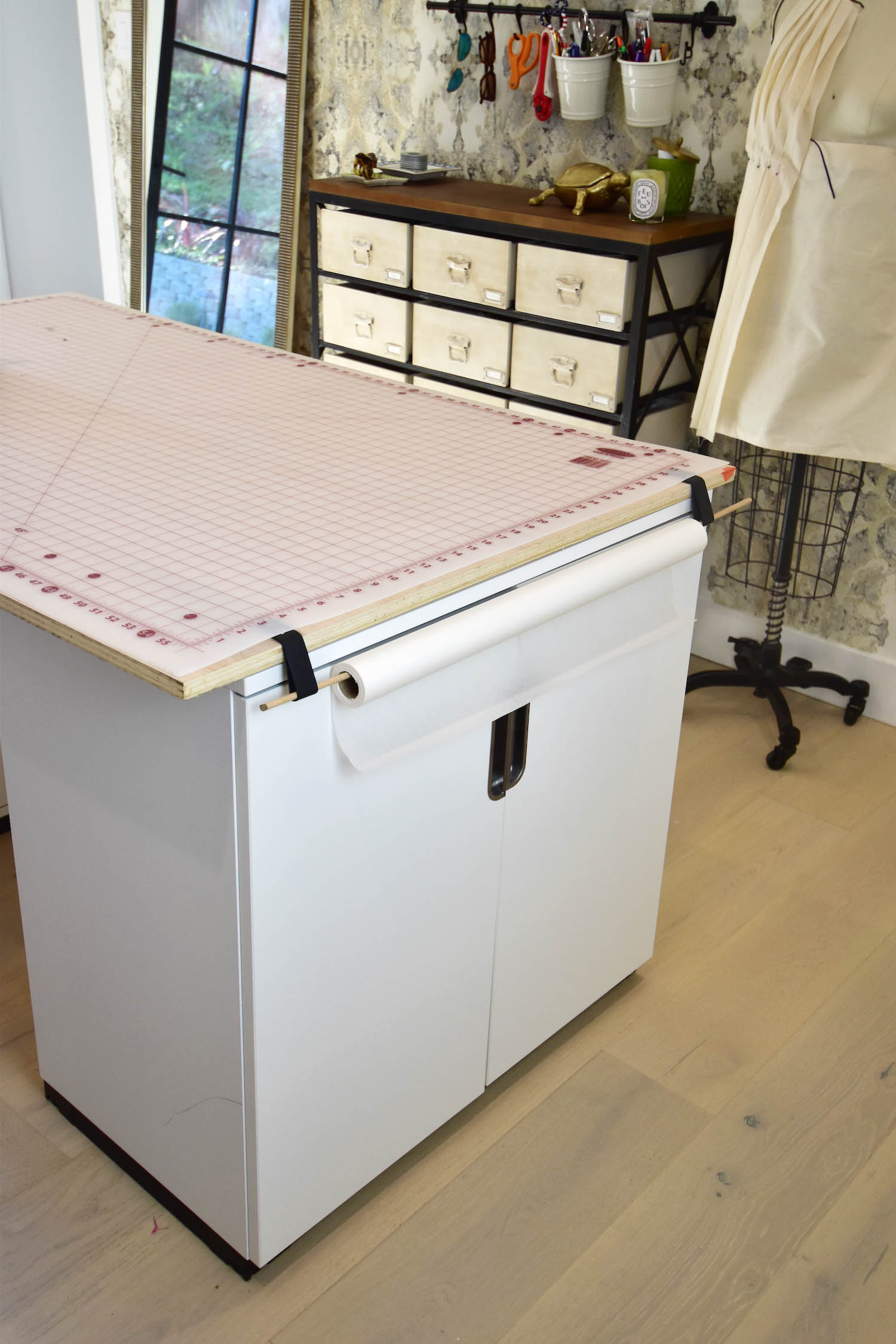 Atelier reveal, craft sewing office tour, DIY pattern paper roll, sewing and cutting table hack