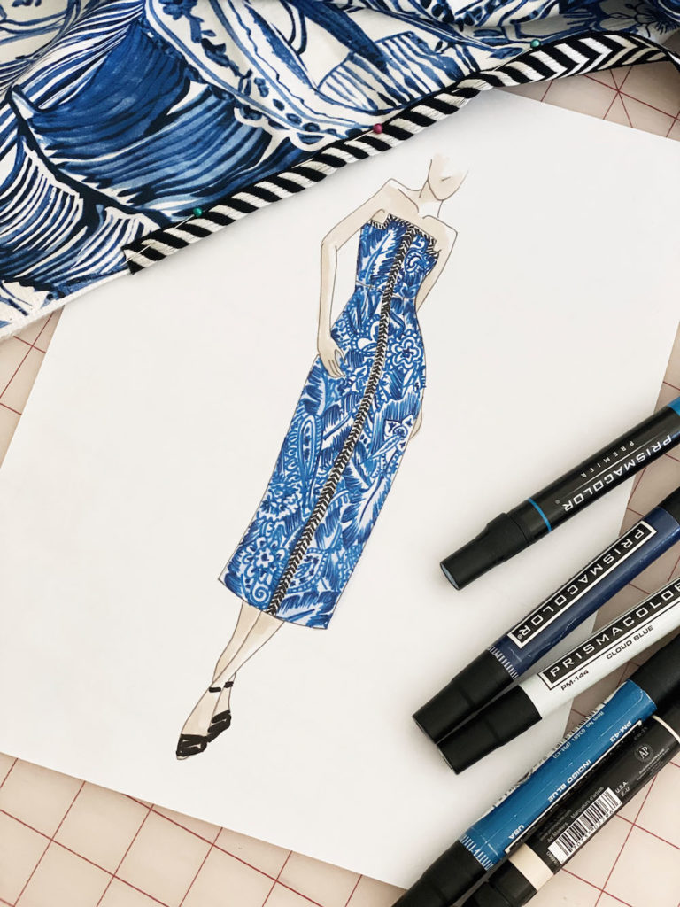 Blue Print Strapless Dress with contrast Piping drawing