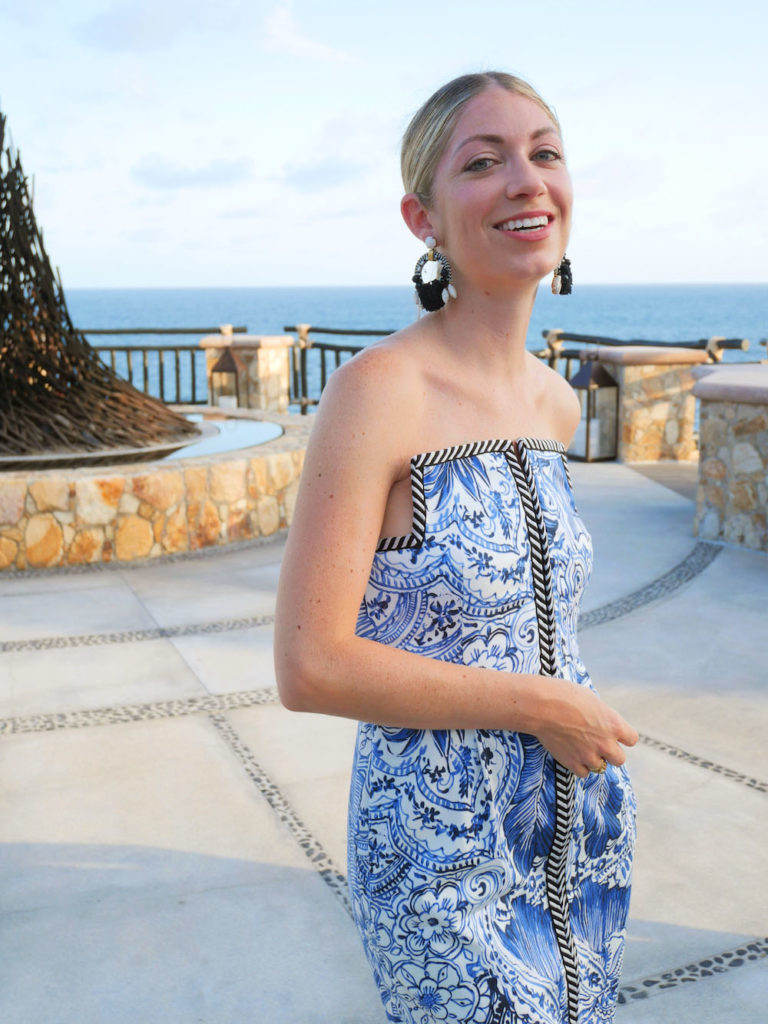 Blue Print Strapless Dress with contrast Piping in Cabo San Lucas