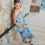 Blue Print Strapless Dress with contrast Piping in Cabo San Lucas