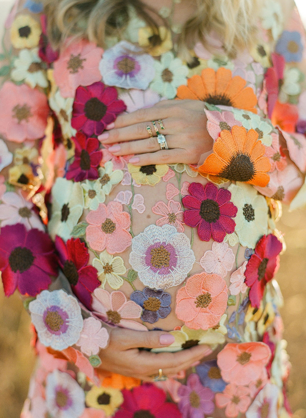 Floral Maternity Dress - maternity photoshoot, hand embroidered flowers, Torrey Fox, details
